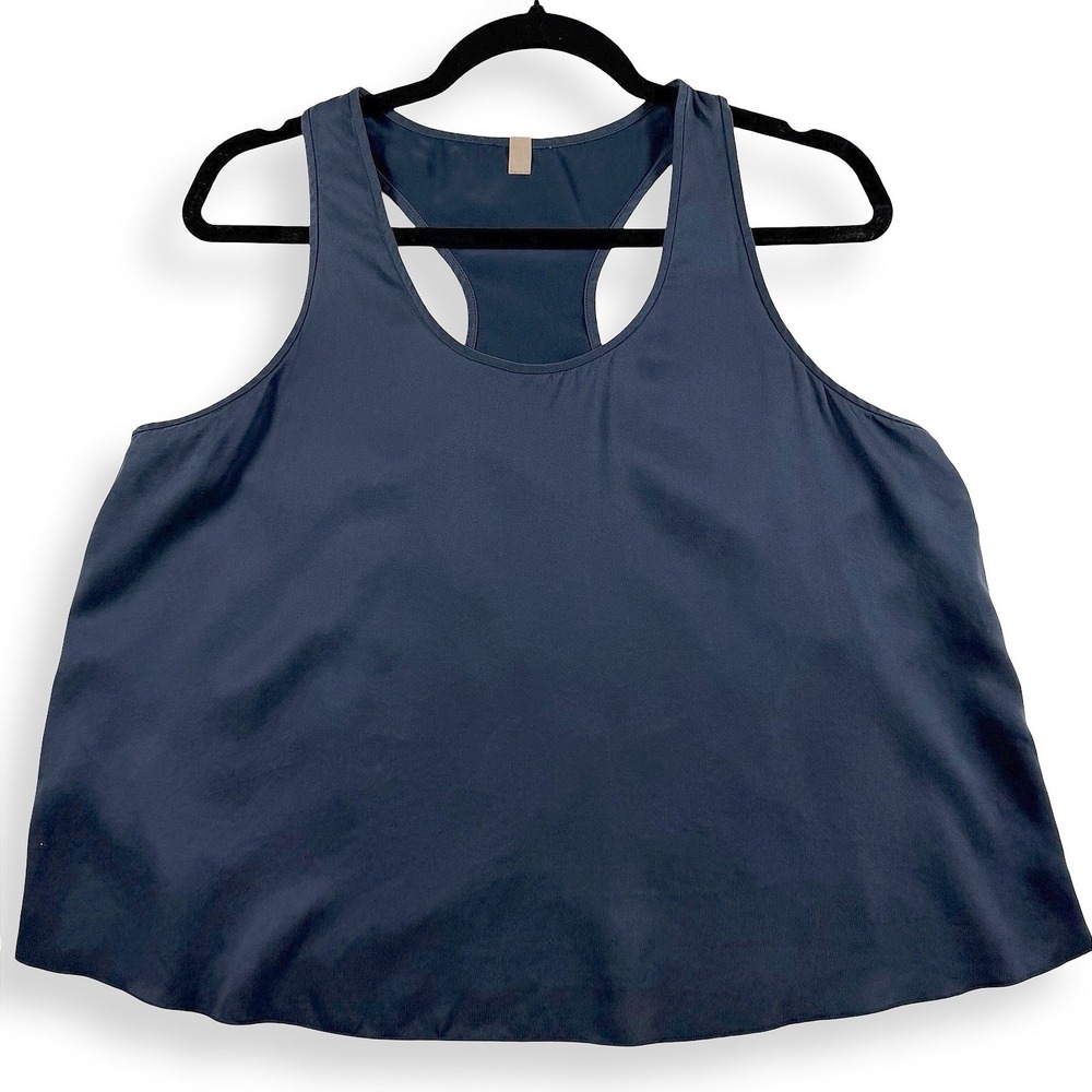 Lunya Good In Bed Washable Silk Tank Top Navy Blue Racerback Split Back Large